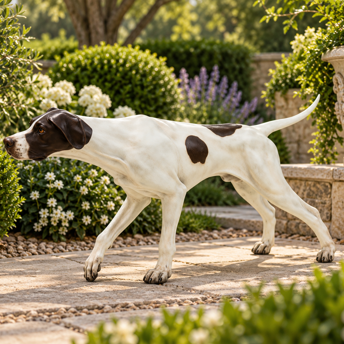 A black and white spotted dog walking on a stone path in a lush, green garden with trimmed hedges and a large stone planter in the background.