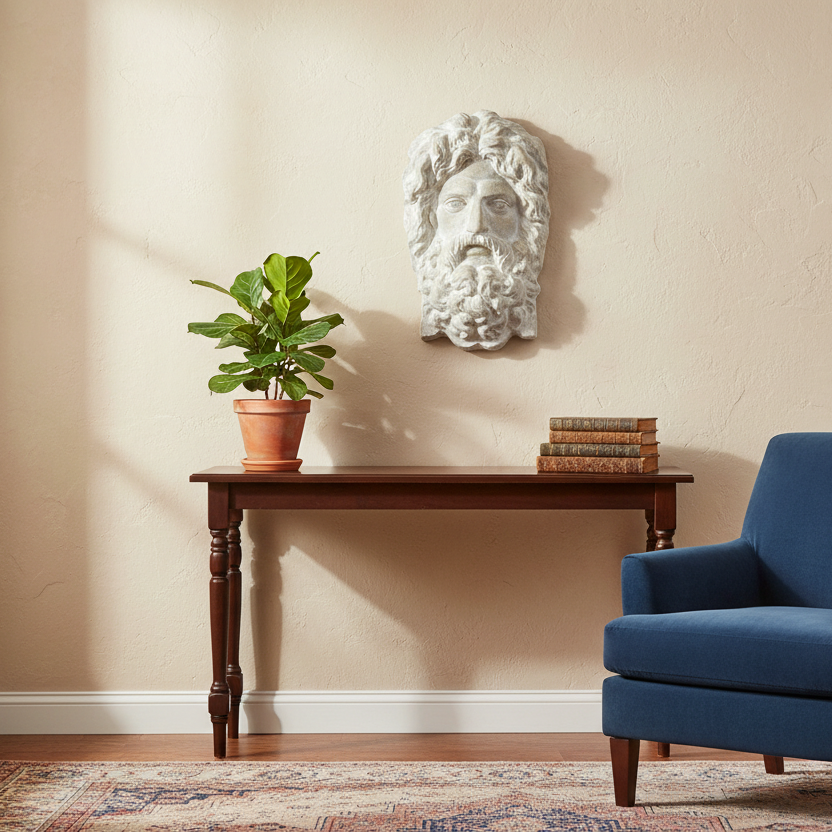 Blue armchair in a room with a wooden console table, plant, and decorative wall piece.