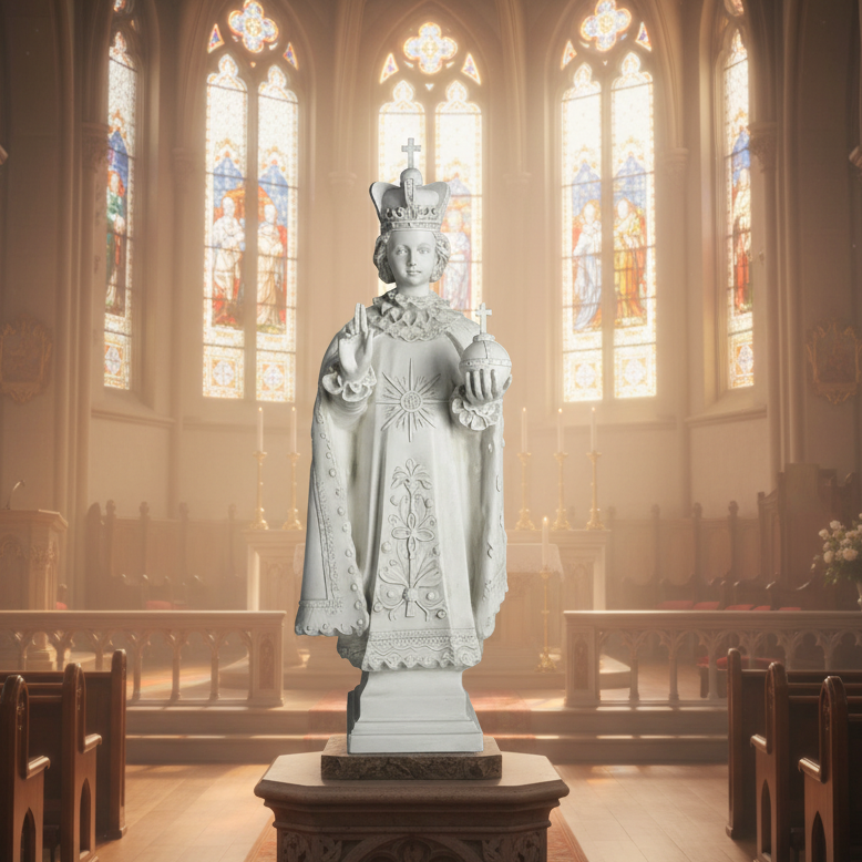 Statue of a crowned figure in a church with stained glass windows