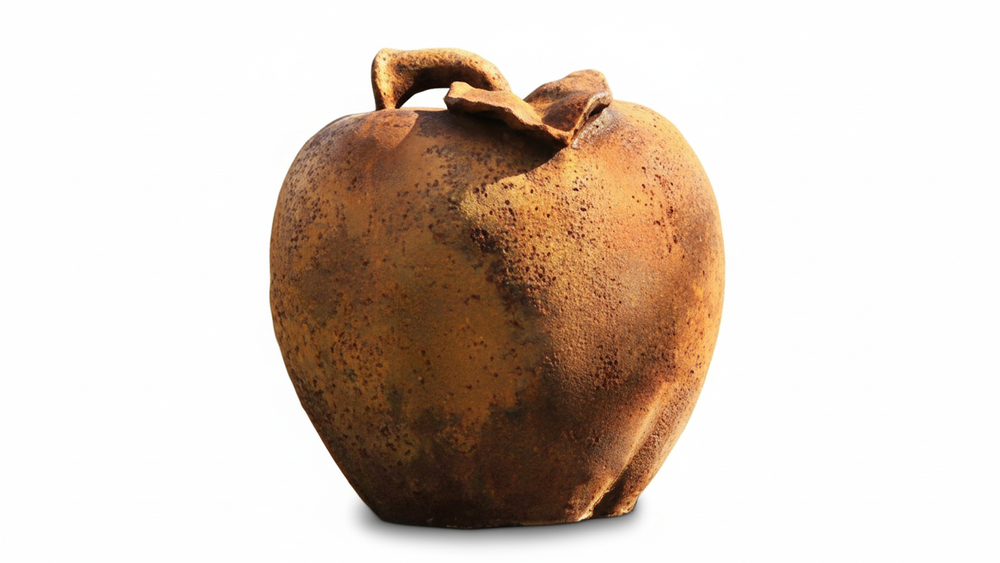 Rust-colored apple sculpture on a white background