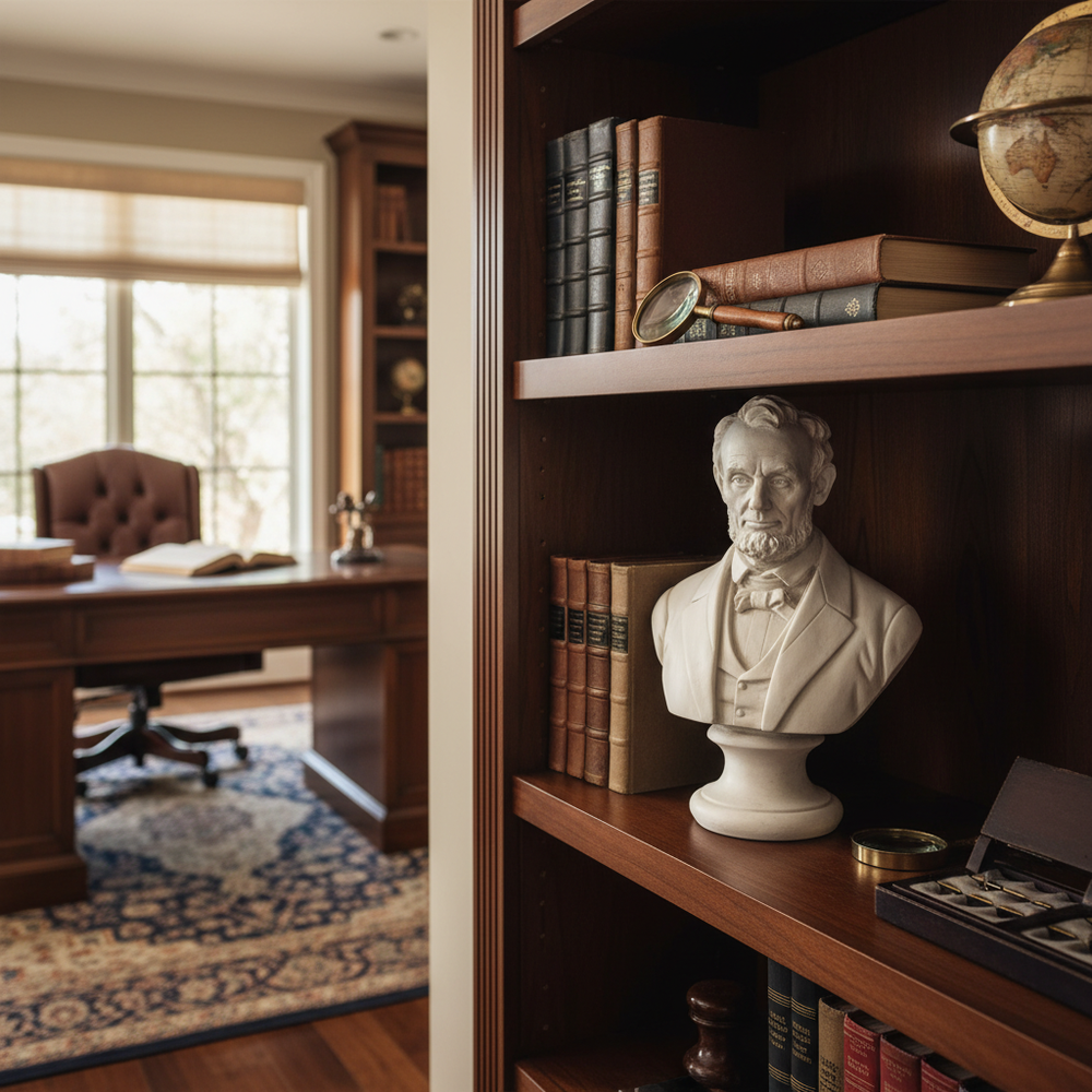 Bookshelf with a bust of a historical figure, books, and a globe in a room with a desk and window.