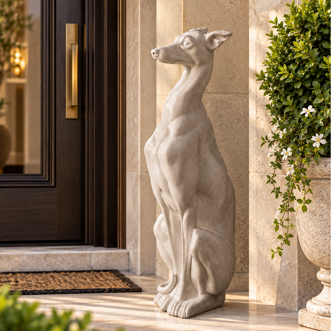 A tall, seated greyhound-style dog statue in a light stone or concrete finish stands on a beige stone porch beside a dark wooden door and potted greenery.