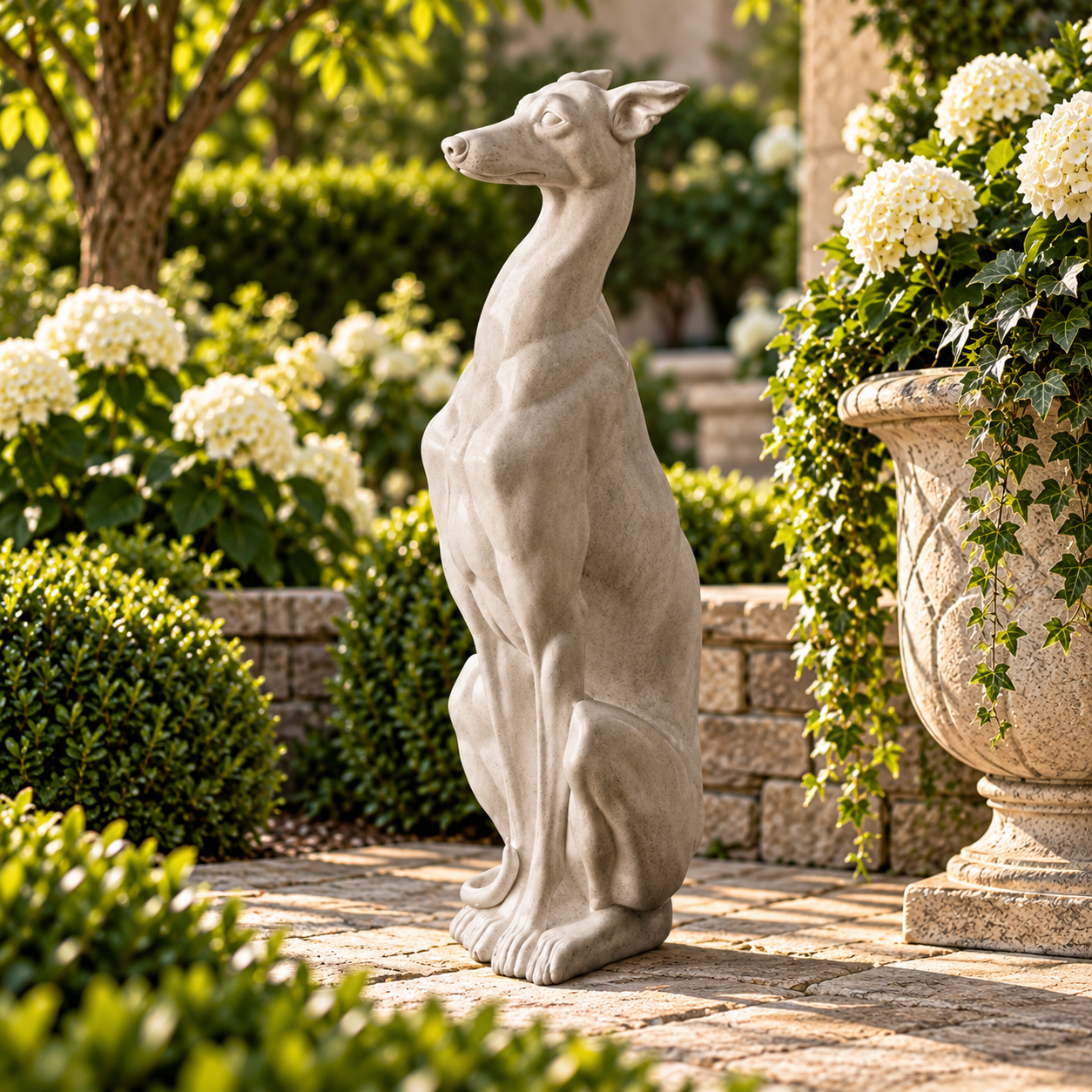 A realistic gray stone statue of a sitting greyhound dog placed outdoors on a stone patio in a landscaped garden with green shrubs, white flowers, and a large planter.