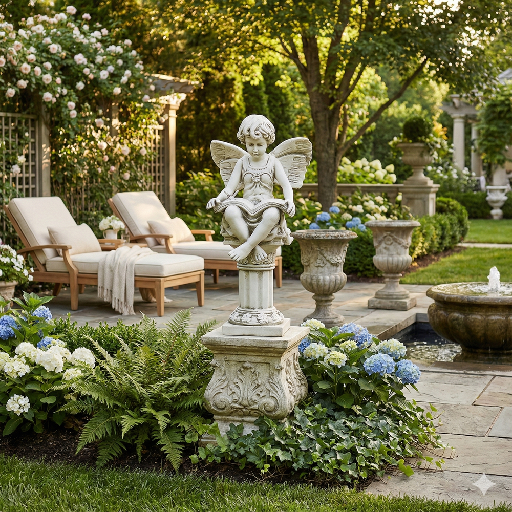 Reading Fairy 20 Garden Angel Statue Garden scene with a stone angel statue, chairs, and flowers.