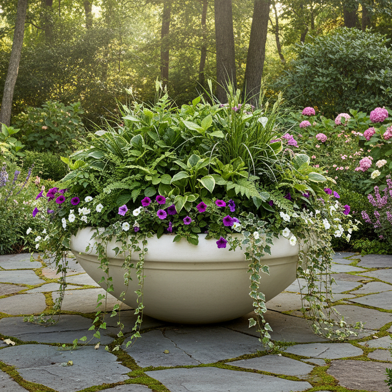 Decorative garden with a large planter filled with flowers and plants on a stone patio.
