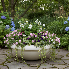 Floral arrangement in a white pot on a stone patio with greenery in the background