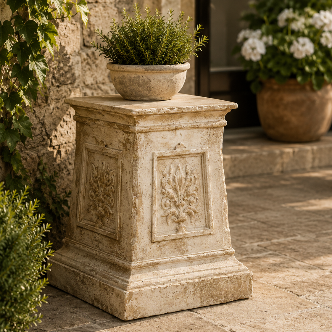 Decorative stone pedestal with a plant on a patio