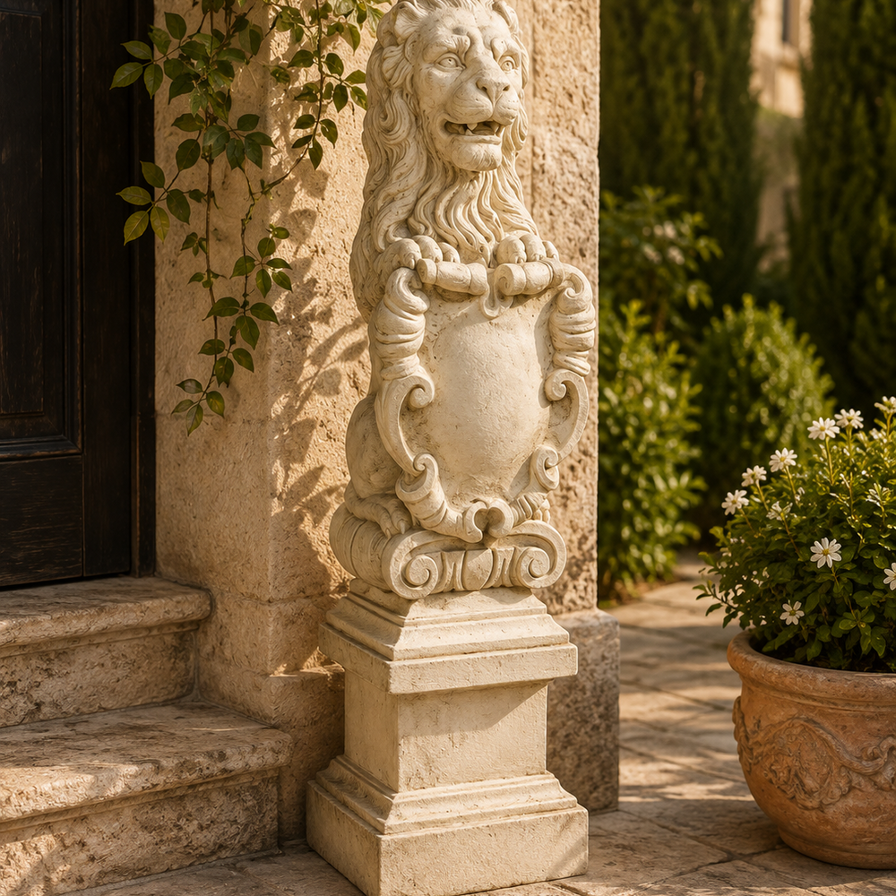 A stone lion statue with a shield emblem, mounted on a tiered pedestal, positioned outdoors on a stone patio next to a stone wall with climbing greenery.