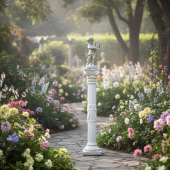 Roman Bath Pedestal (Antique Stone) Garden path with a decorative statue surrounded by flowers