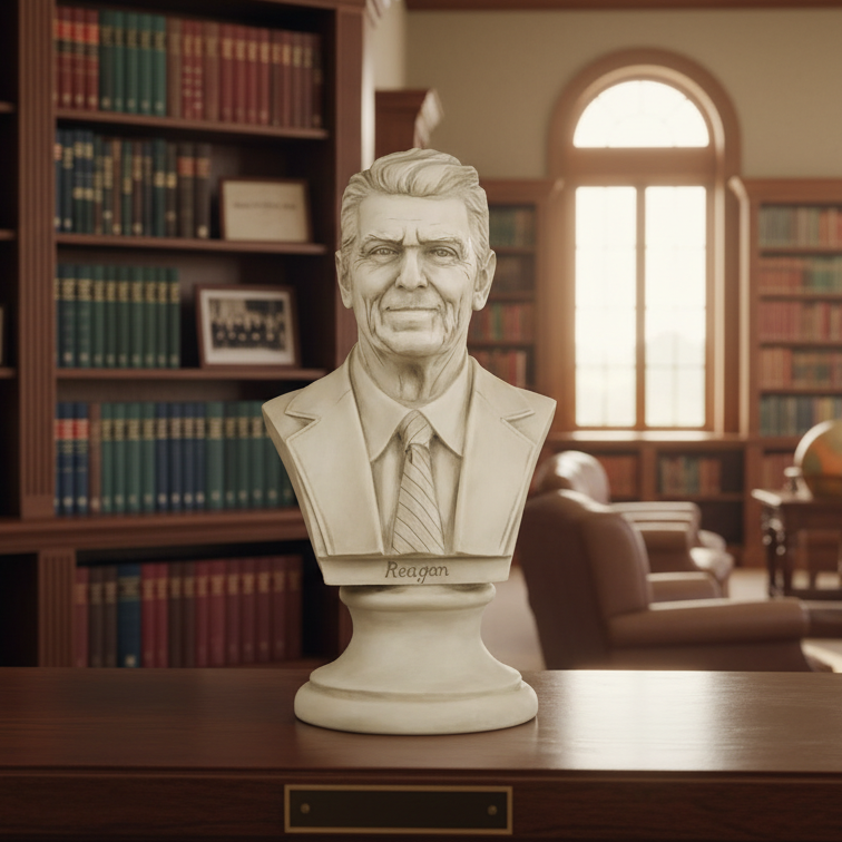 Bust of a man on a desk in a library setting with bookshelves and windows in the background.