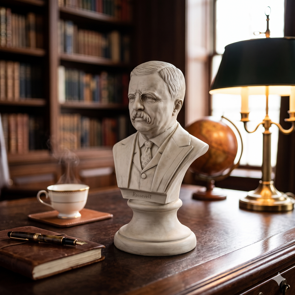 Bust of a man on a wooden desk with books and a lamp in the background