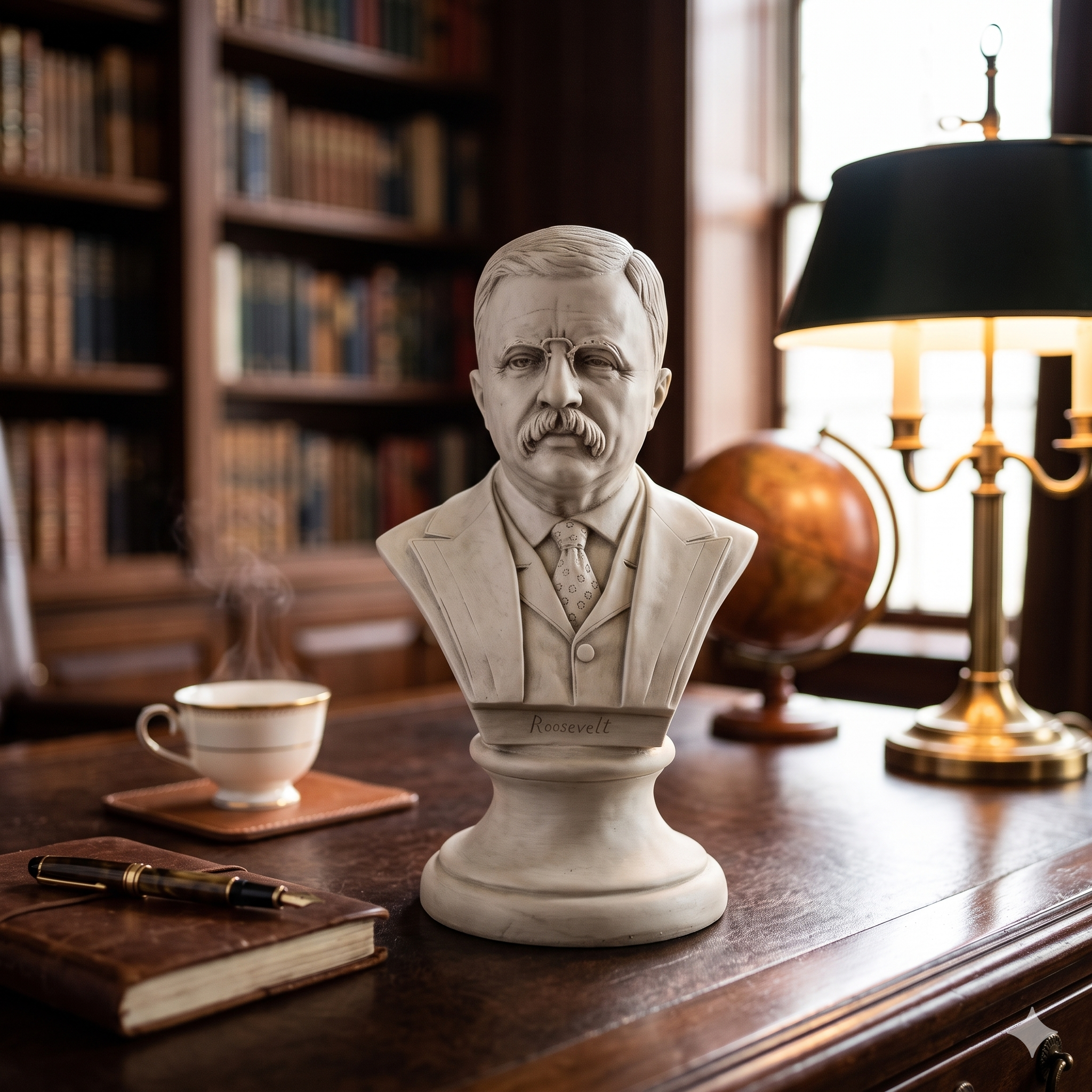 Bust of a man on a wooden desk with books and a lamp in the background
