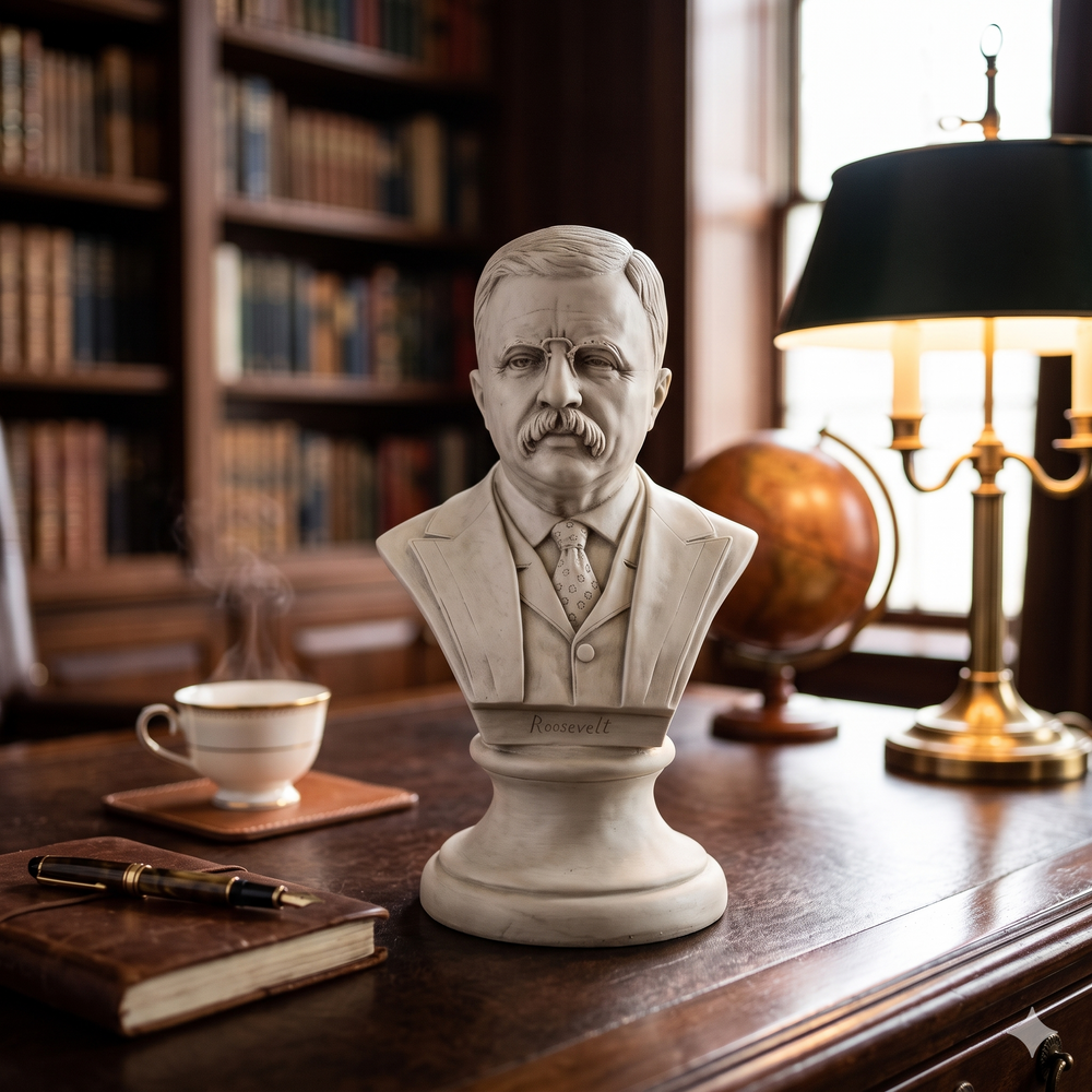 Bust of a man on a wooden desk with books and a lamp in the background
