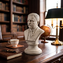 Bust of a man on a wooden desk with books and a lamp in the background
