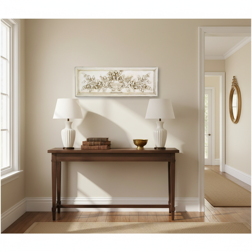Wooden console table with decor items against a beige wall with a framed picture.