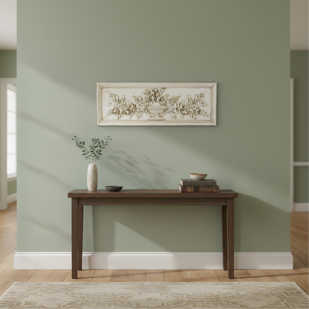 Wooden console table against a green wall with a decorative painting above it.