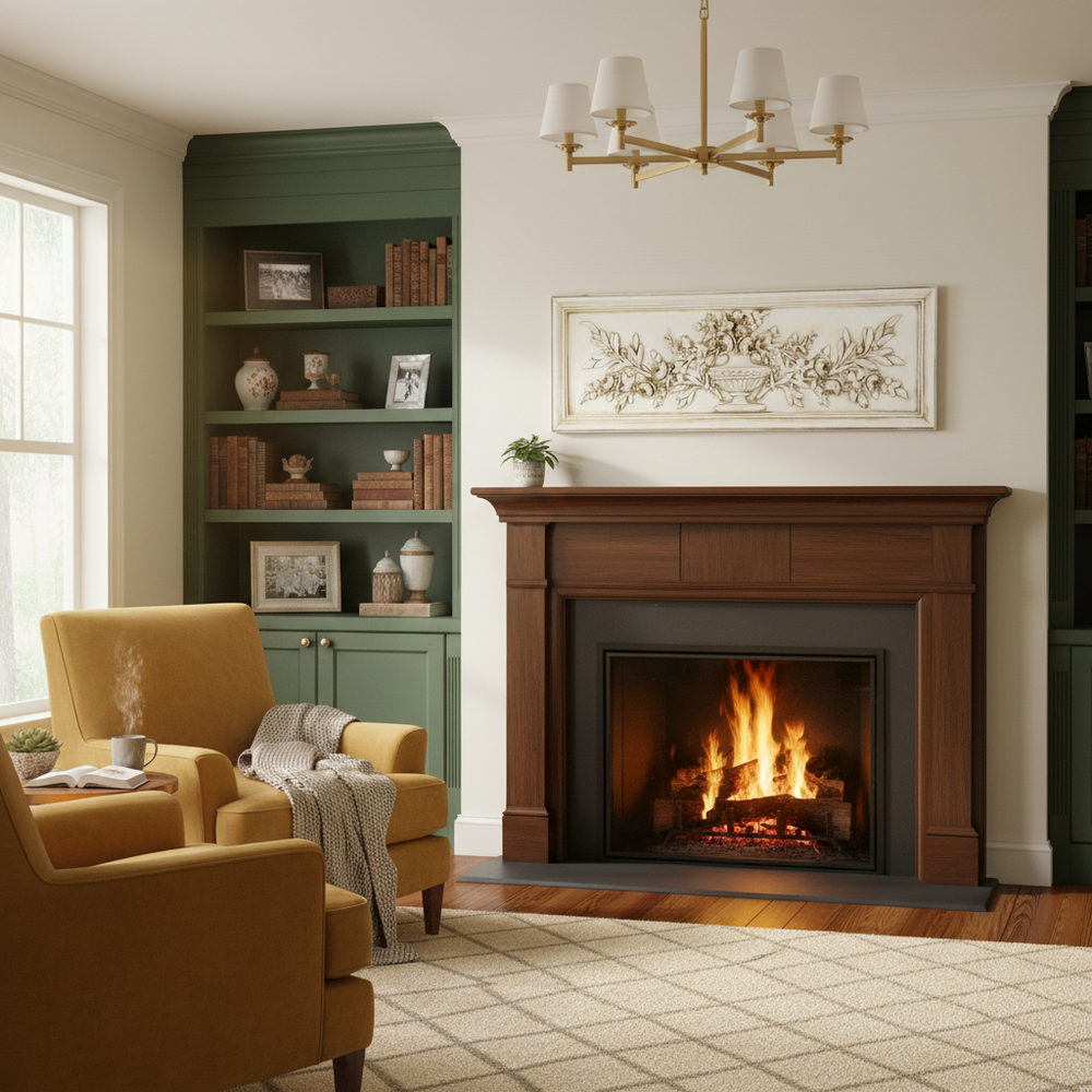 Cozy living room with a fireplace, bookshelf, and armchair.
