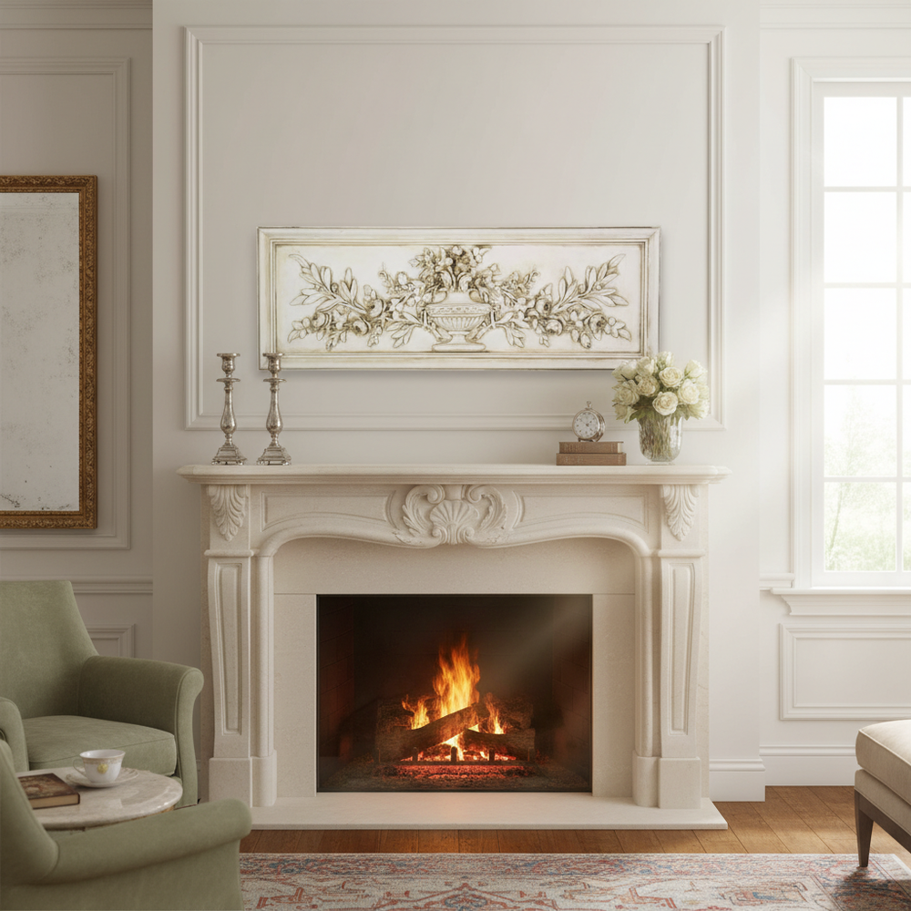 Cozy living room with a fireplace, armchair, and decorative elements.
