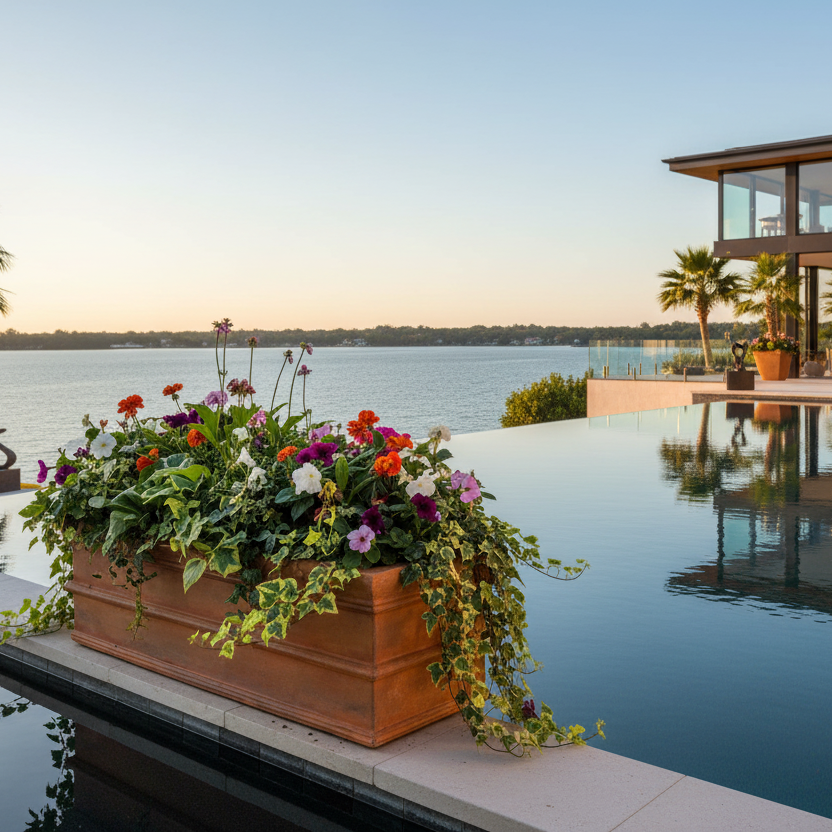 Elegant outdoor setting with a pool, flowers, and a modern house by the water.