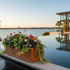 Elegant outdoor setting with a pool, flowers, and a modern house by the water.