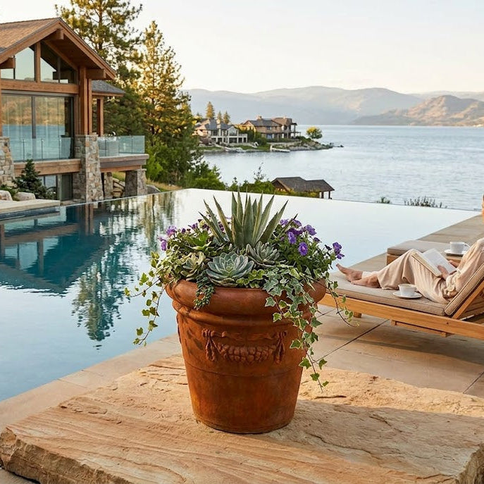 Woman relaxing by a pool with a scenic lake view