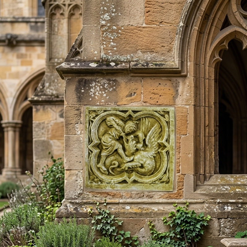 A close-up of a stone architectural corner featuring a carved relief plaque with a winged figure, set in a garden courtyard with stone paving, plants, and a bench.