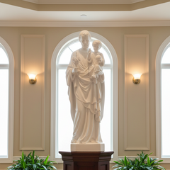 Statue of a man holding a child on a wooden pedestal in a room with arched windows and potted plants.