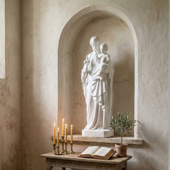 Saint Joseph Child Religious Statue in an archway with candles and an open book on a wooden table in a softly lit room.