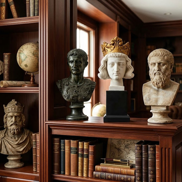 Decorative busts on a wooden shelf with books and a fireplace in the background
