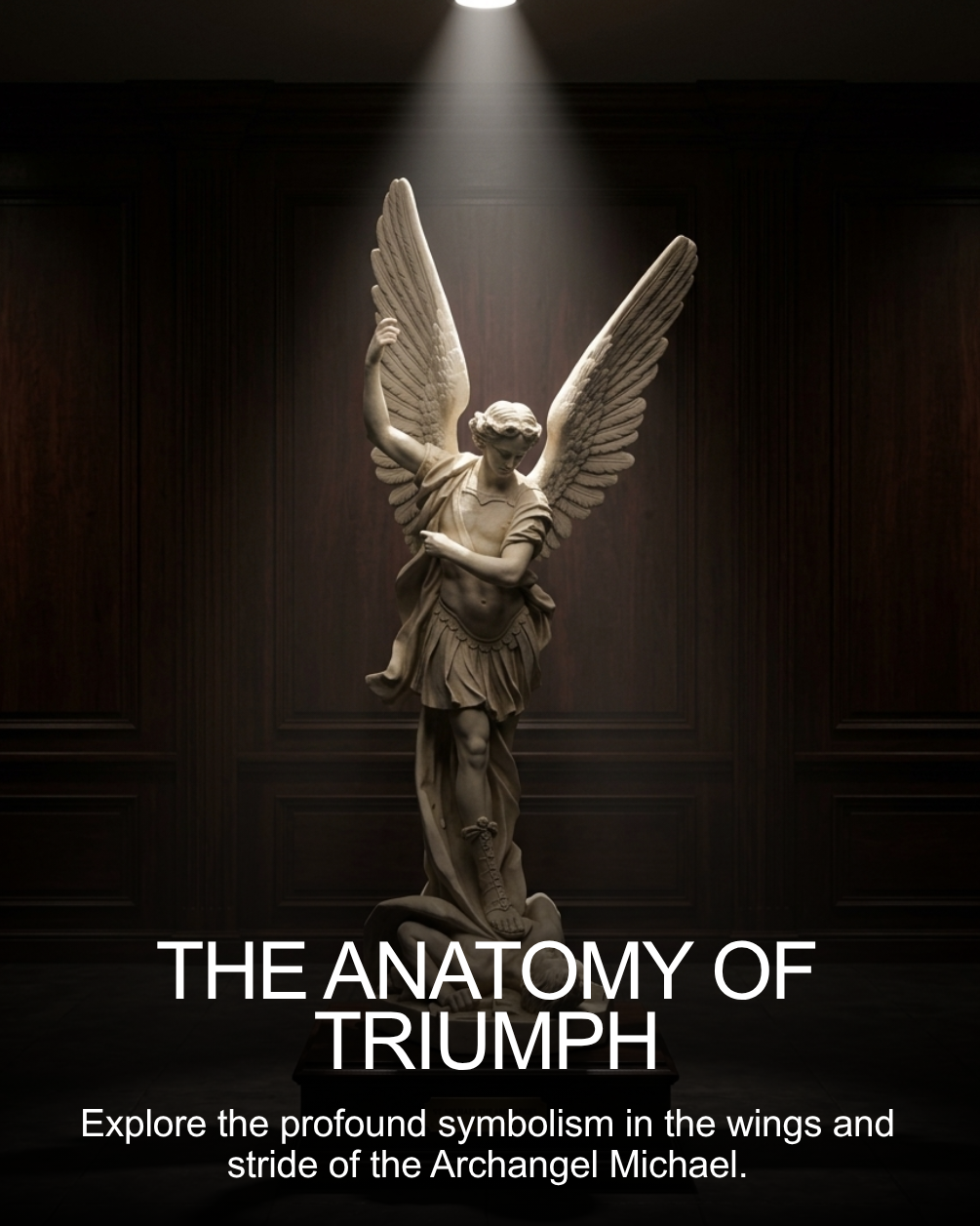 Saint Michael Slaying Satan Statue of an angel with outstretched wings in a dark setting with spotlight