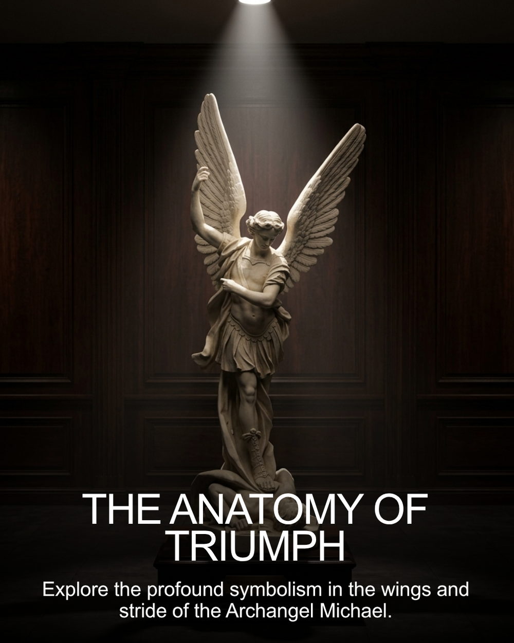 Saint Michael Slaying Satan Statue of an angel with outstretched wings in a dark setting with spotlight
