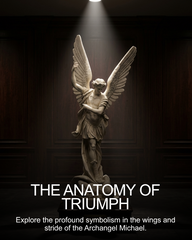 Saint Michael Slaying Satan Statue of an angel with outstretched wings in a dark setting with spotlight