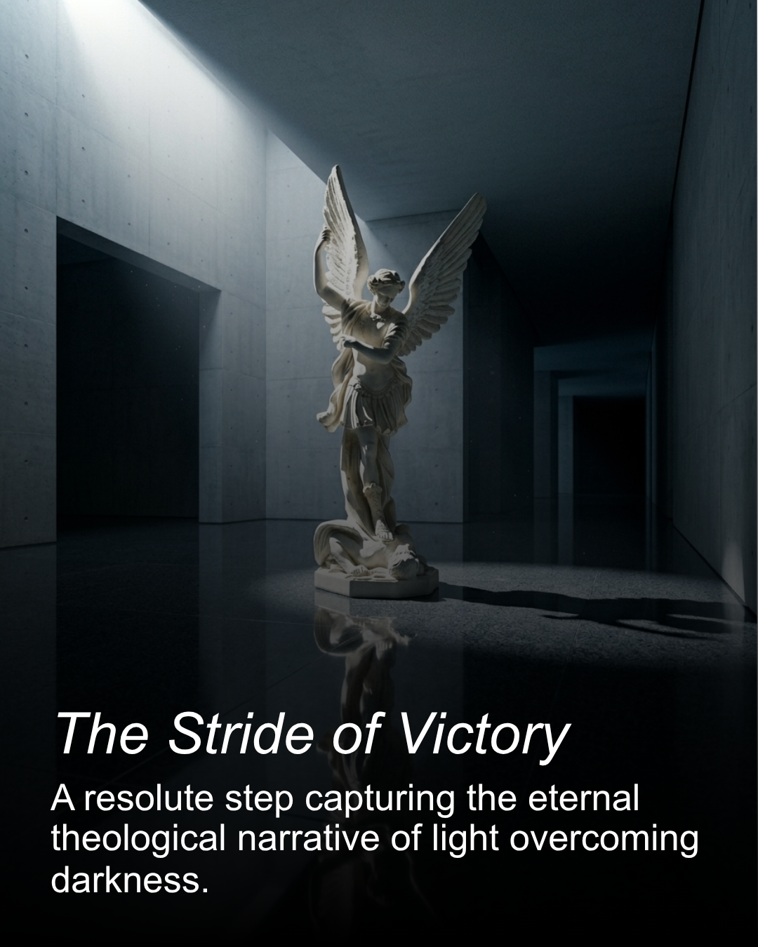 Statue of an angel in a dark room with text 'The Stride of Victory'.
