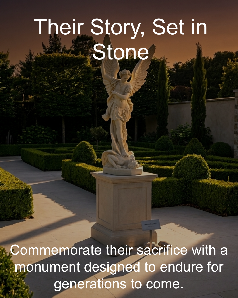 Statue of an angel in a garden setting with text overlay.
