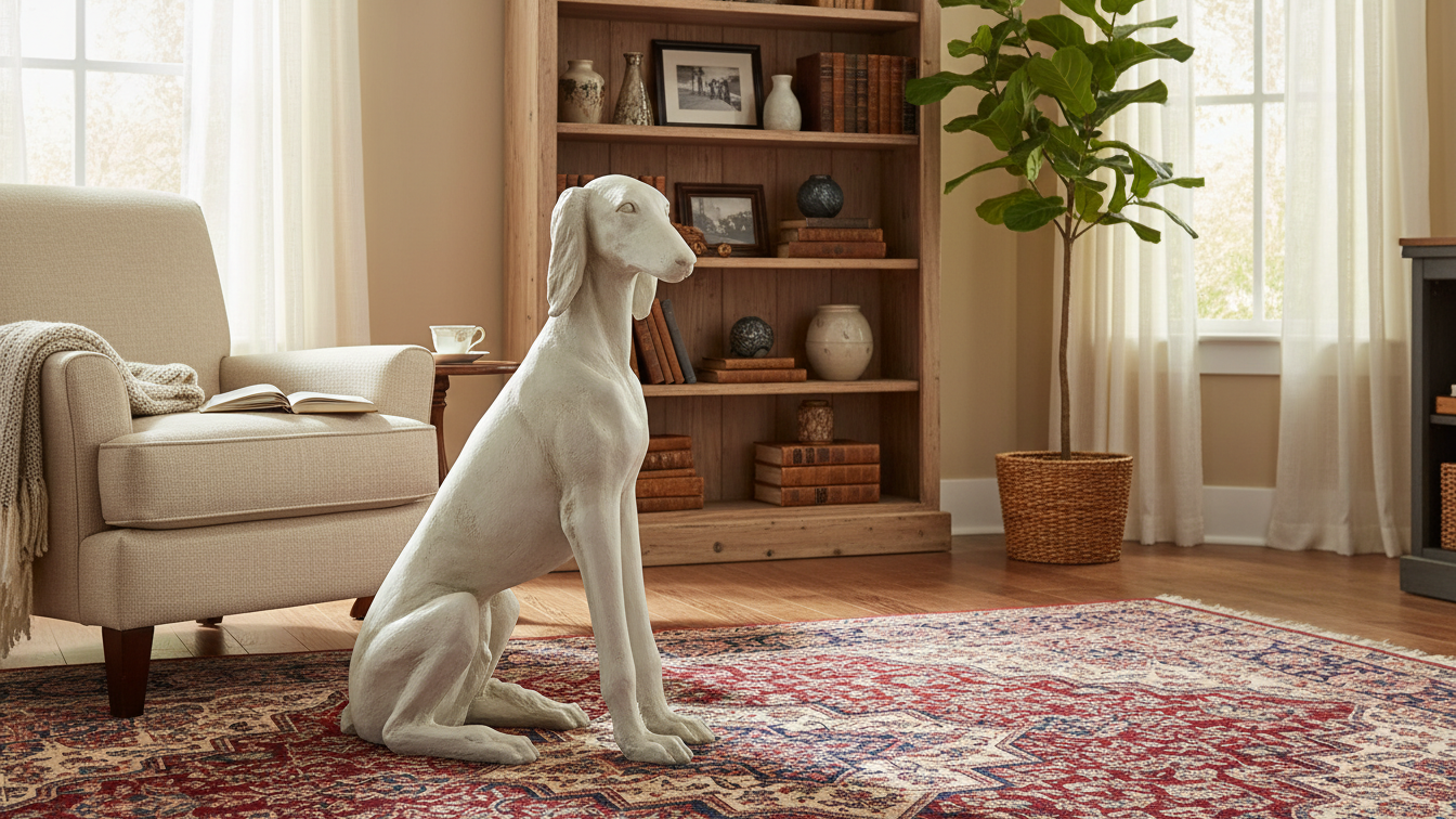 White dog sitting on a patterned rug in a living room with a bookshelf and chair.