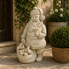 A stone Santa Claus garden statue holding a sack of ornaments, placed outdoors on a stone patio beside potted plants and a wooden door.