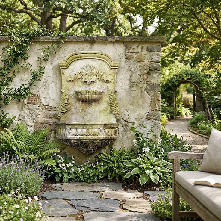 Stone wall fountain in a garden with a bench and open book