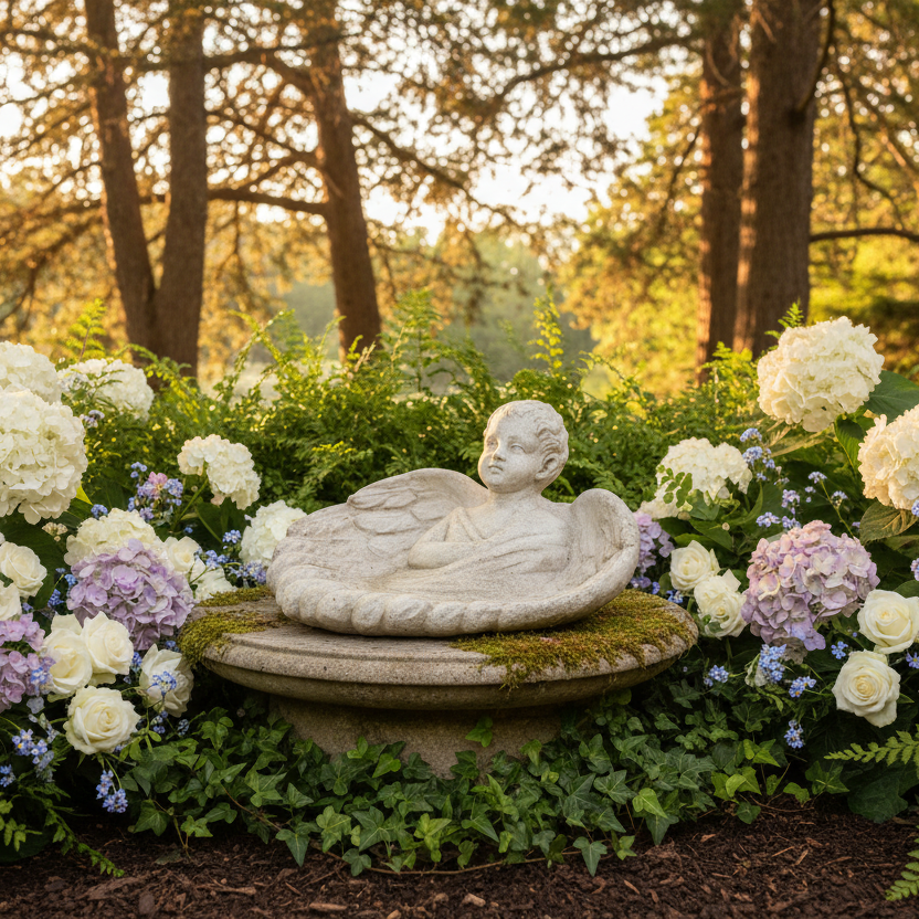 Serene Wings: The Angel Birdbath Angel Sculpture Stone angel sculpture in a garden with flowers and trees in the background