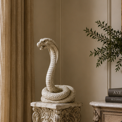 Decorative snake sculpture on a pedestal in a stylish living room.