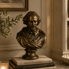 A bronze Shakespeare bust sculpture displayed on a stack of three decorative books on a marble side table in a warm, elegant room setting.