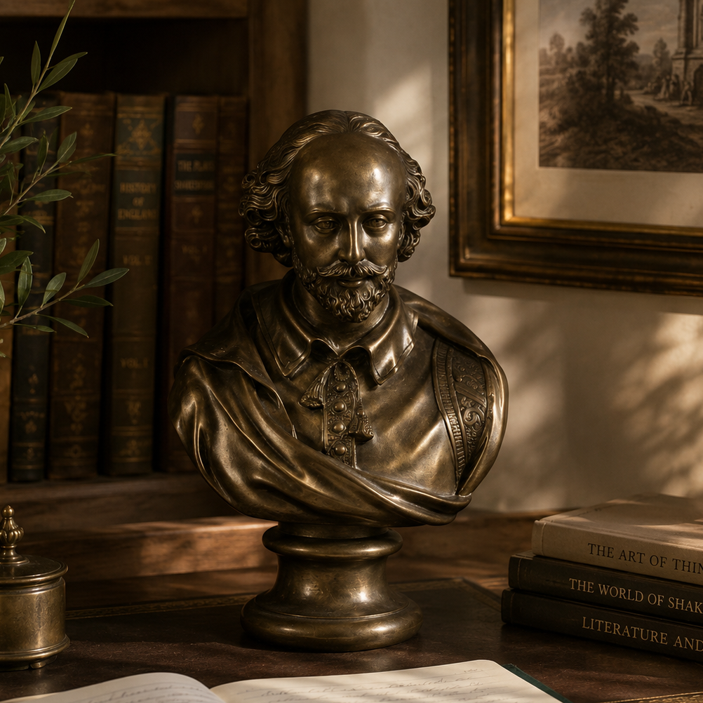 A bronze Shakespeare bust sculpture displayed on a wooden desk in a warmly lit study, surrounded by books, an open notebook with a pen, a lamp, and framed artwork.