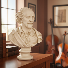 Bust of a man on a wooden surface with musical instruments and books in the background