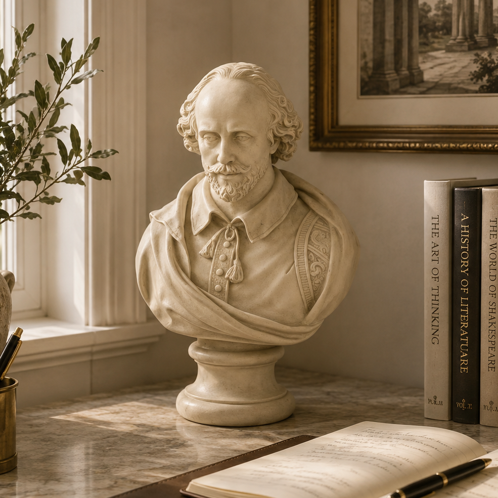 A cream-colored marble bust sculpture of William Shakespeare displayed on a marble desk in a sunlit room, surrounded by books, a potted plant, and an open notebook.