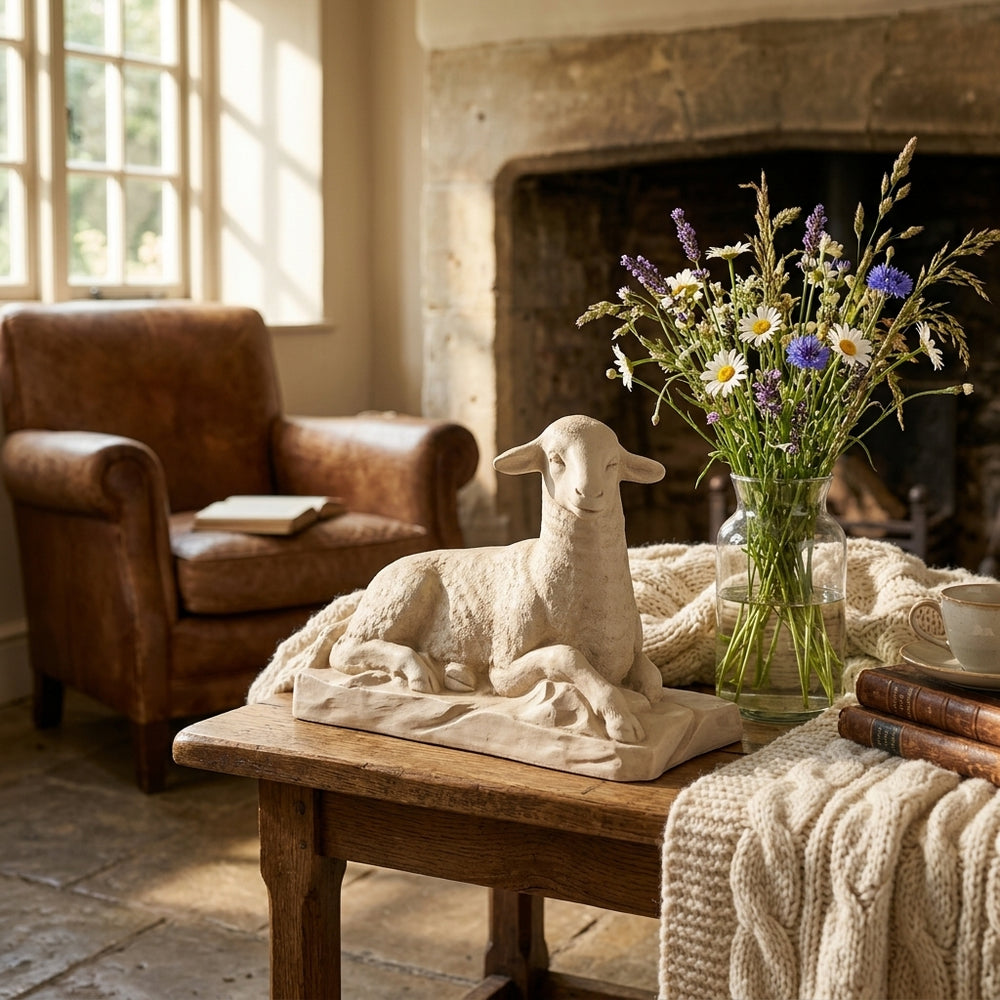 Decorative scene with a sheep figurine, flowers, and books on a wooden table in a cozy room.