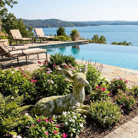 Pool area with lounge chairs, decorative deer statue, and scenic lake view.