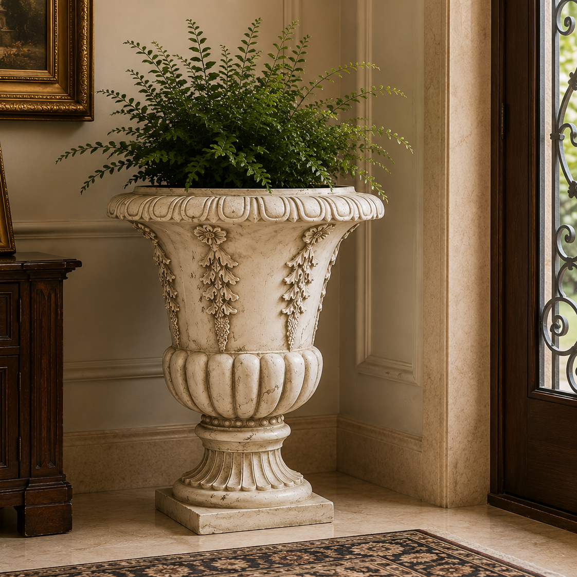 A large classical-style stone urn planter filled with green ferns, placed in an elegant interior entryway beside a dark wood cabinet and door.