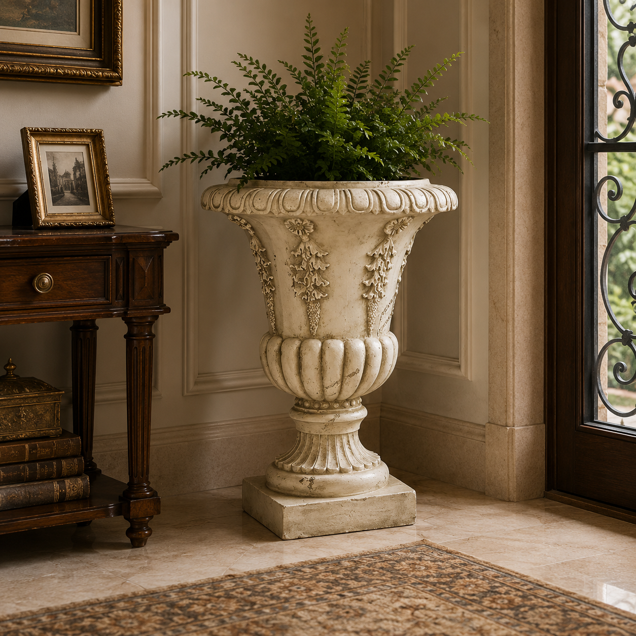 An ornate cream-colored stone-look urn planter filled with green ferns, placed in a classic entryway next to a dark wood console table and near a doorway.