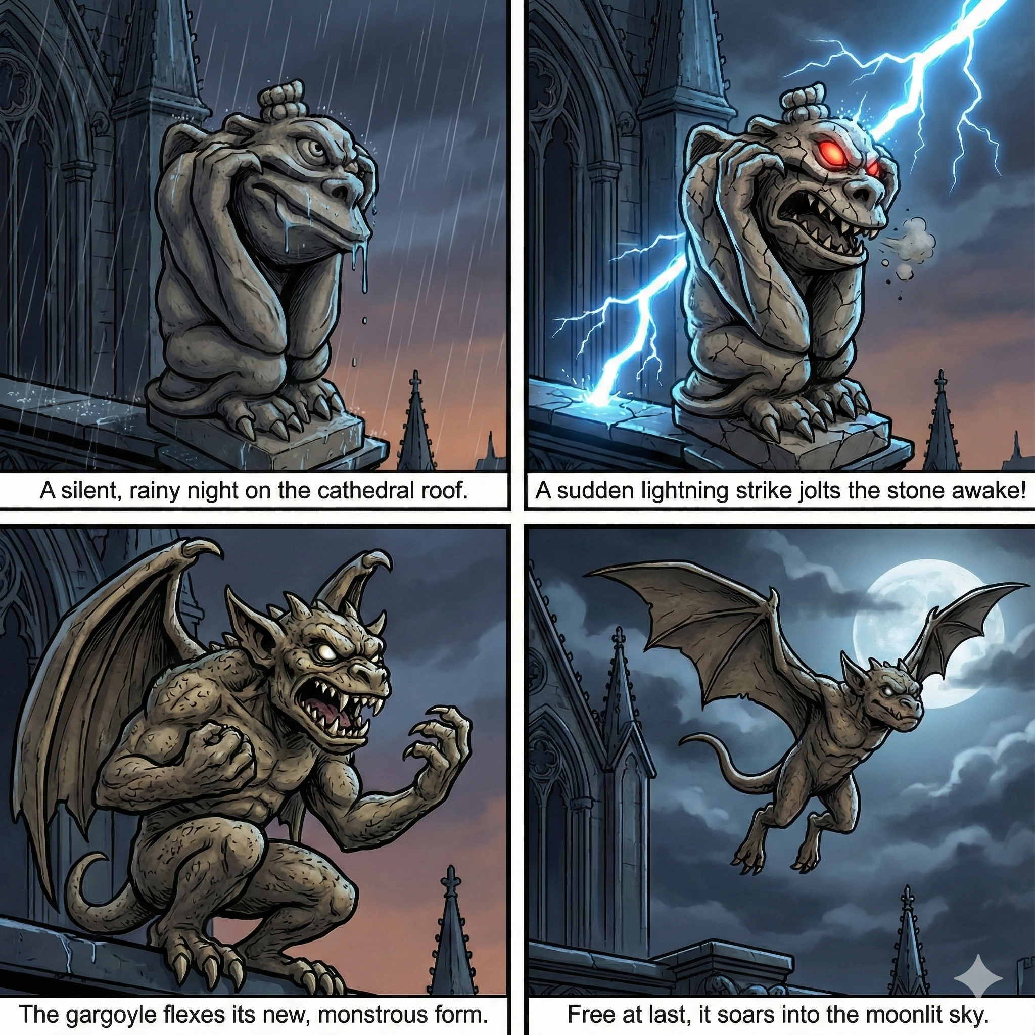 Comic strip of a gargoyle waking up to lightning on a cathedral roof.