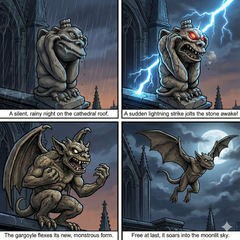 Comic strip of a gargoyle waking up to lightning on a cathedral roof.