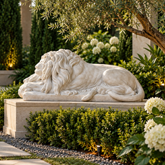 A large white stone lion statue lying down, displayed in a beautifully landscaped garden with green shrubs, white hydrangeas, and a stone pathway.